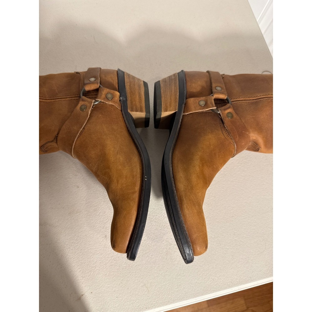 Vintage Brown Leather Harness Boots Mid Calf Western Cuban Heel Size 9M USA Made - Picture 3 of 9